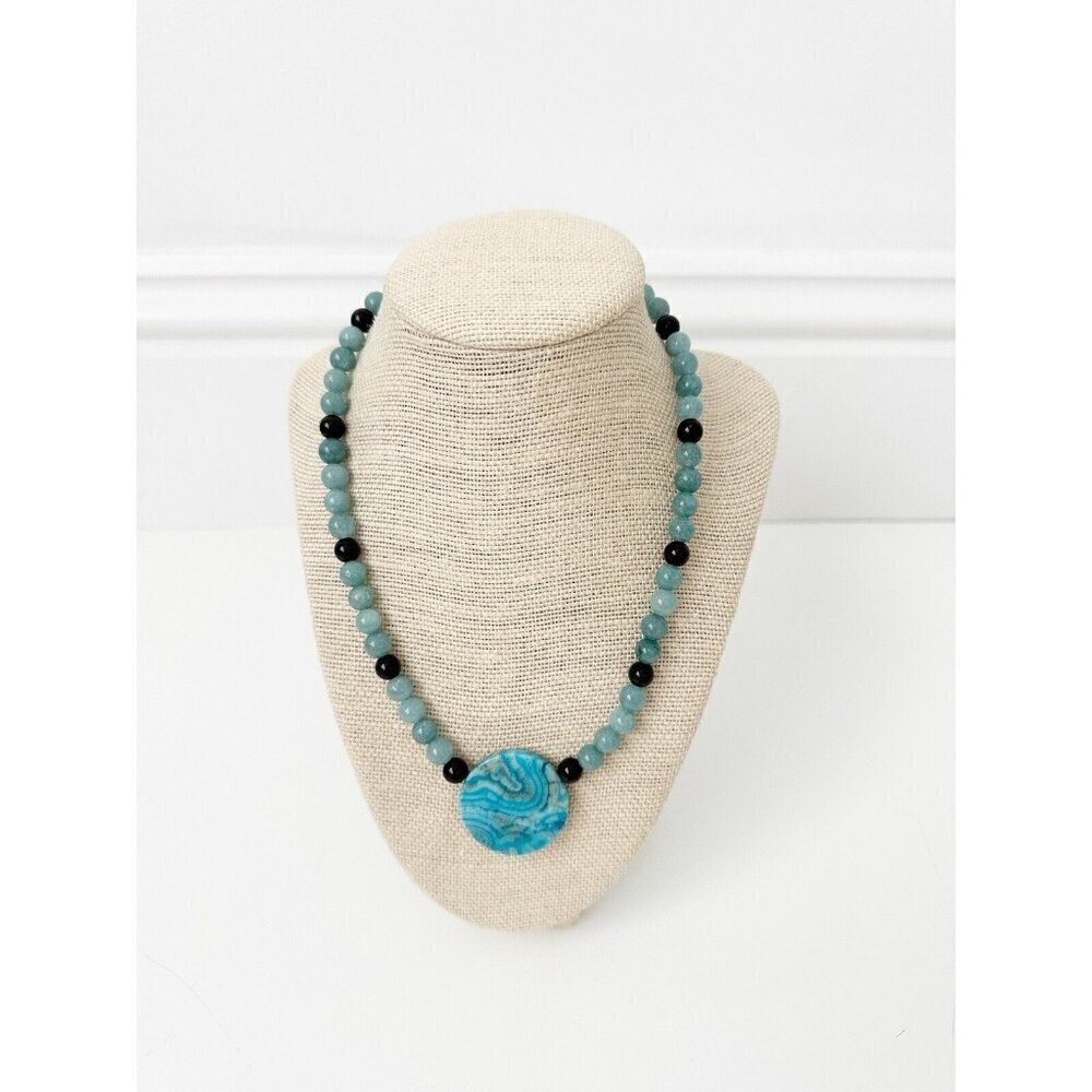 NWT Genuine Chalcedony, Black Onyx & Blue Agate Necklace Beaded Blue Black